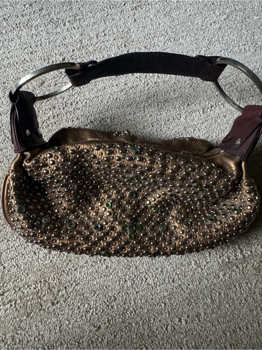 Y2K G Series Cole Haan Bronze Leather Studded Crystal Hobo Shoulder Bag - Picture 2 of 16